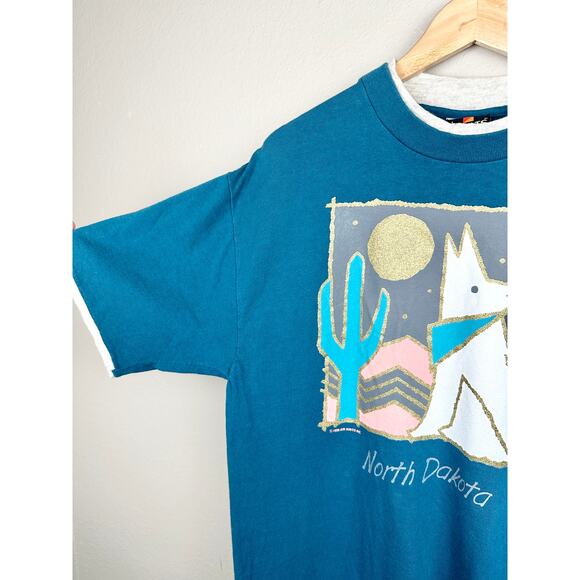 Vintage 90s North Dakota Wolf Cactus Moon Graphic Tee T Shirt Crewneck Top L - Picture 5 of 14